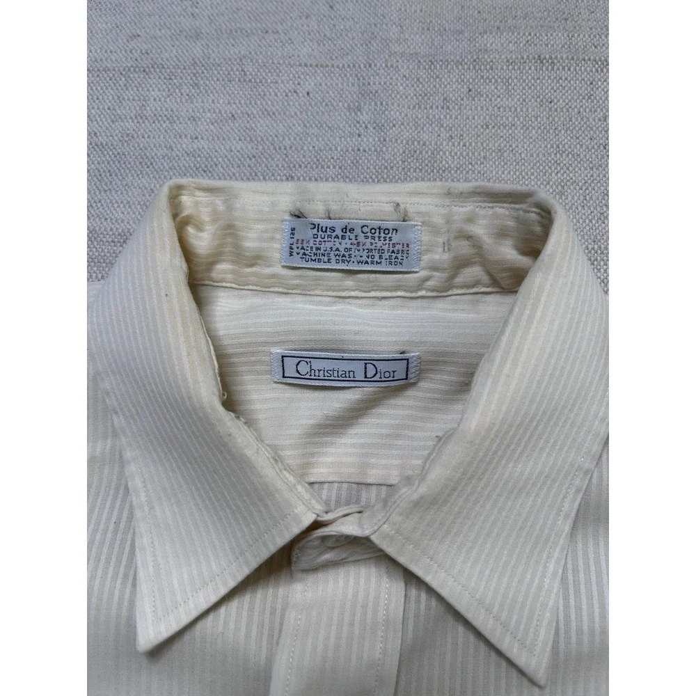 Vintage Christian Dior Plus de Coton Shirt Men L Ivory Short Sleeve Button USA